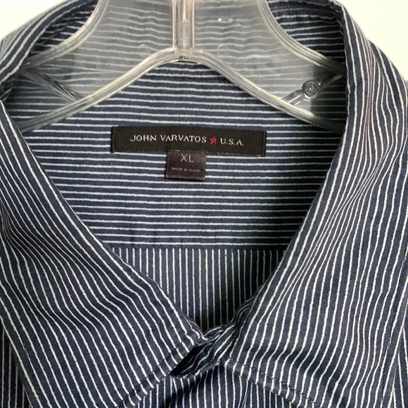 EUC MENS JOHN VARVATOS NAVY WITH WHITE STRIPES COTTON SHIRT SIZE XL SEE NOTES - Picture 3 of 8